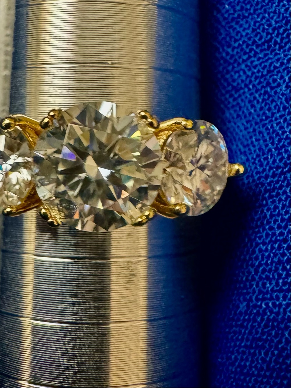 Gold Three-Stone Moissanite Ring - Sparkling Clear Stones